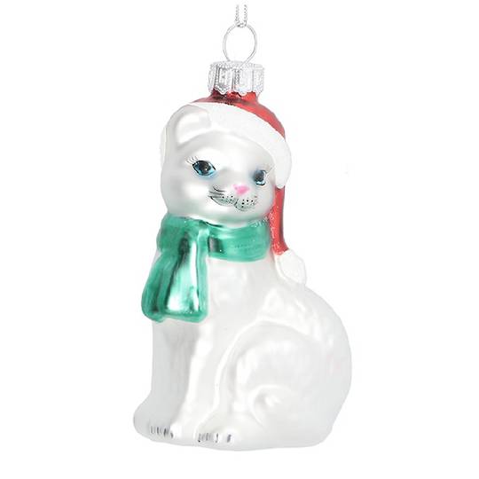 Glass Cat, White with Scarf & Hat 10cm *ETA NOV